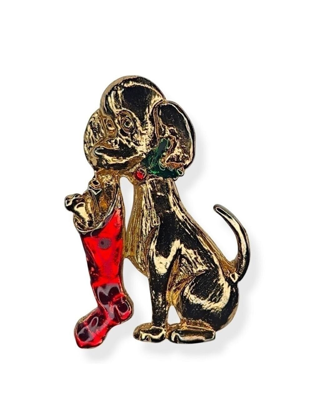 Vintage Enamel Christmas Dog with Stocking Goldtone Brooch